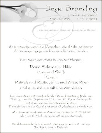 Traueranzeige von Inge Branding von Neue Westfälische