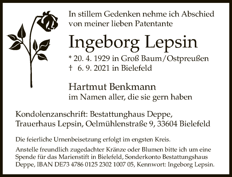  Traueranzeige für Ingeborg Lepsin vom 11.09.2021 aus Neue Westfälische