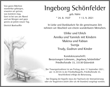 Traueranzeige von Ingeborg Schönfelder von Neue Westfälische