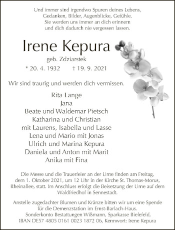 Traueranzeige von Irene Kepura von Neue Westfälische
