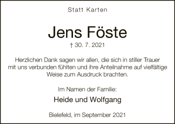 Traueranzeige von Jens Föste von Neue Westfälische