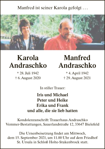 Traueranzeige von Karola und Manfred Andraschko von Neue Westfälische