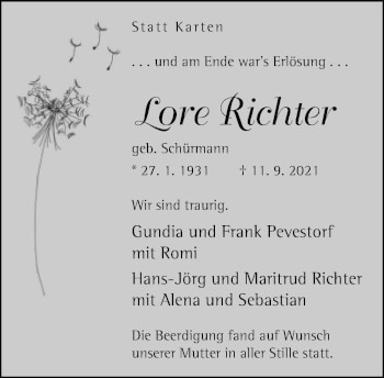 Traueranzeige von Lore Richter von Neue Westfälische