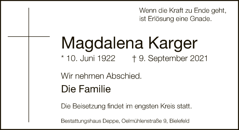  Traueranzeige für Magdalena Karger vom 11.09.2021 aus Neue Westfälische