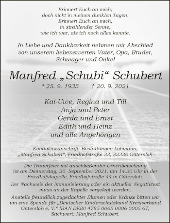 Traueranzeige von Manfred Schubert von Neue Westfälische