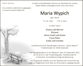Traueranzeige von Maria Wypich von Neue Westfälische