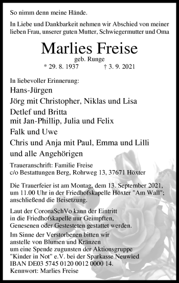 Traueranzeige von Marlies Freise von Neue Westfälische
