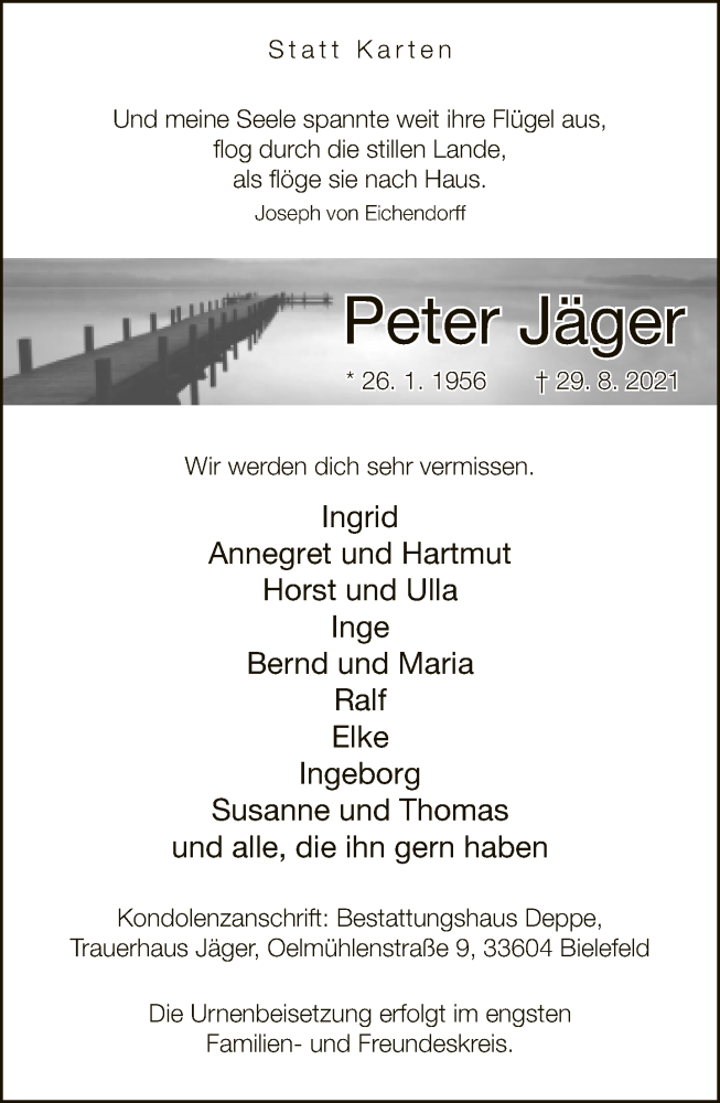  Traueranzeige für Peter Jäger vom 04.09.2021 aus Neue Westfälische