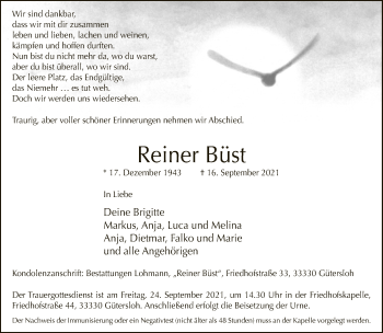 Traueranzeige von Reiner Büst von Neue Westfälische