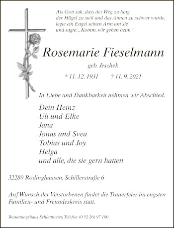 Traueranzeige von Rosemarie Fieselmann von Neue Westfälische