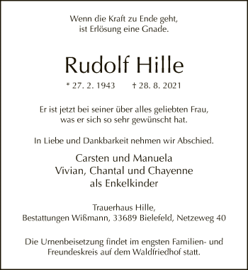 Traueranzeige von Rudolf Hille von Neue Westfälische