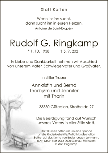 Traueranzeige von Rudolf G. Ringkamp von Neue Westfälische