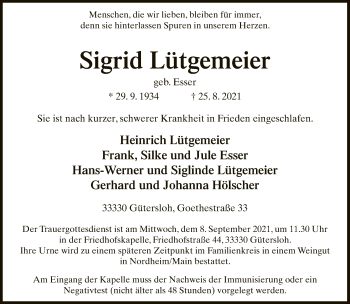 Traueranzeige von Sigrid Lütgemeier von Neue Westfälische