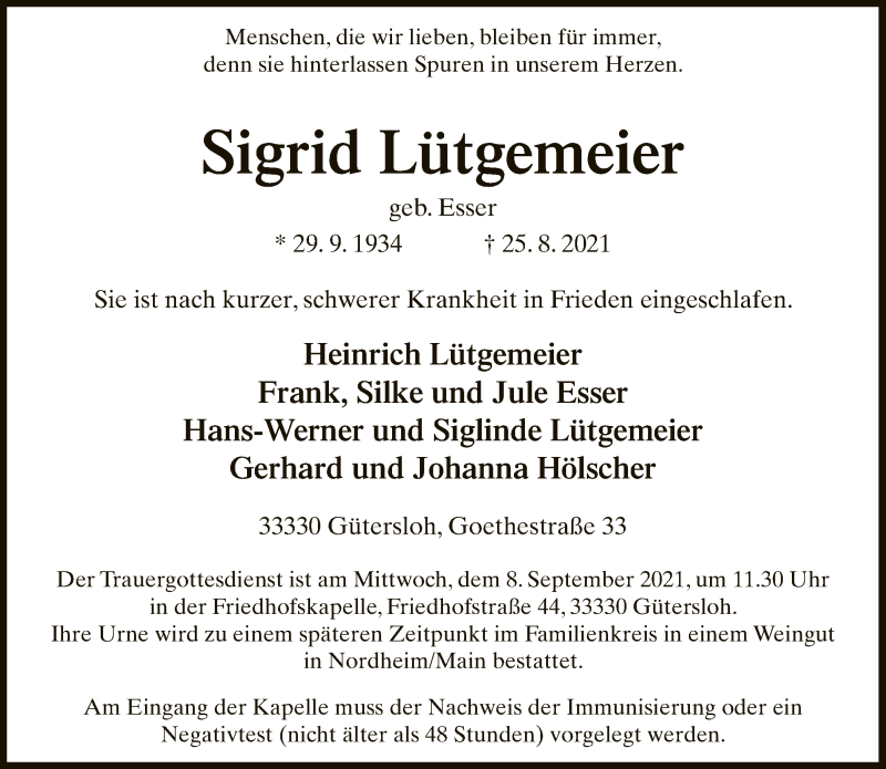  Traueranzeige für Sigrid Lütgemeier vom 01.09.2021 aus Neue Westfälische