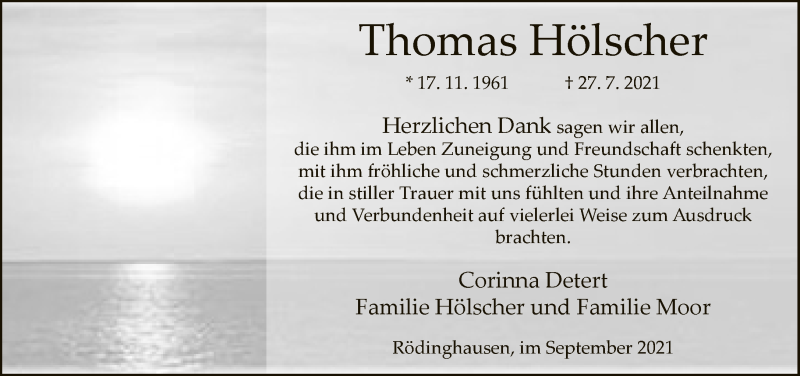  Traueranzeige für Thomas Hölscher vom 11.09.2021 aus Neue Westfälische