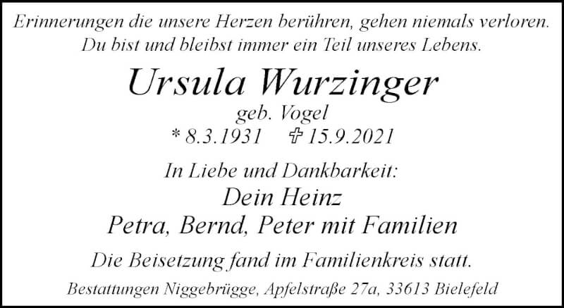  Traueranzeige für Ursula Wurzinger vom 25.09.2021 aus Neue Westfälische