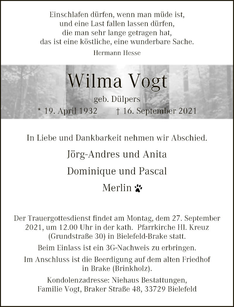  Traueranzeige für Wilma Vogt vom 18.09.2021 aus Neue Westfälische