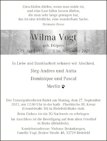 Traueranzeige von Wilma Vogt von Neue Westfälische