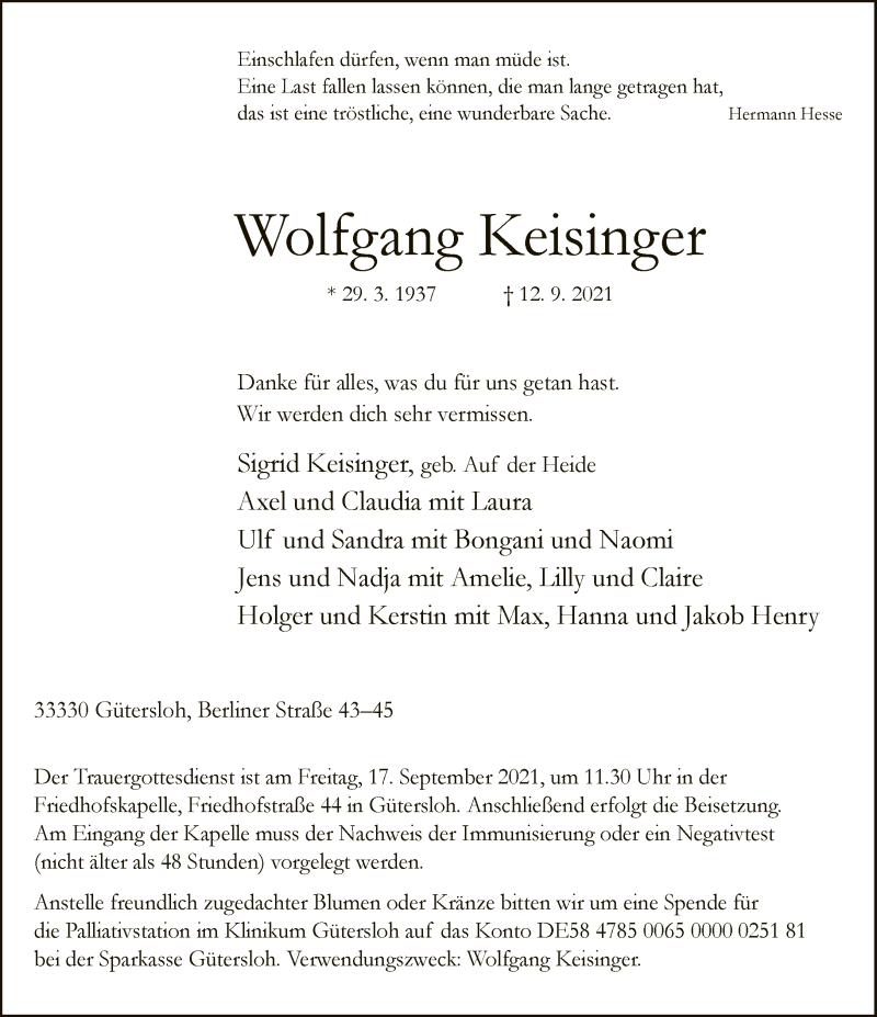  Traueranzeige für Wolfgang Keisinger vom 15.09.2021 aus Neue Westfälische