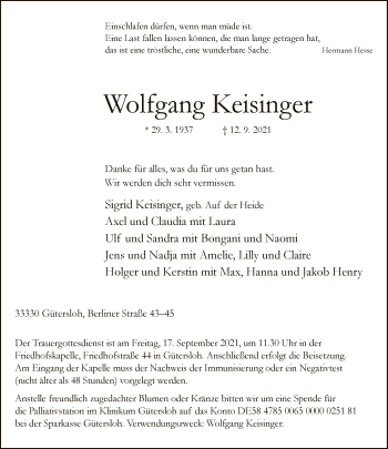 Traueranzeige von Wolfgang Keisinger von Neue Westfälische