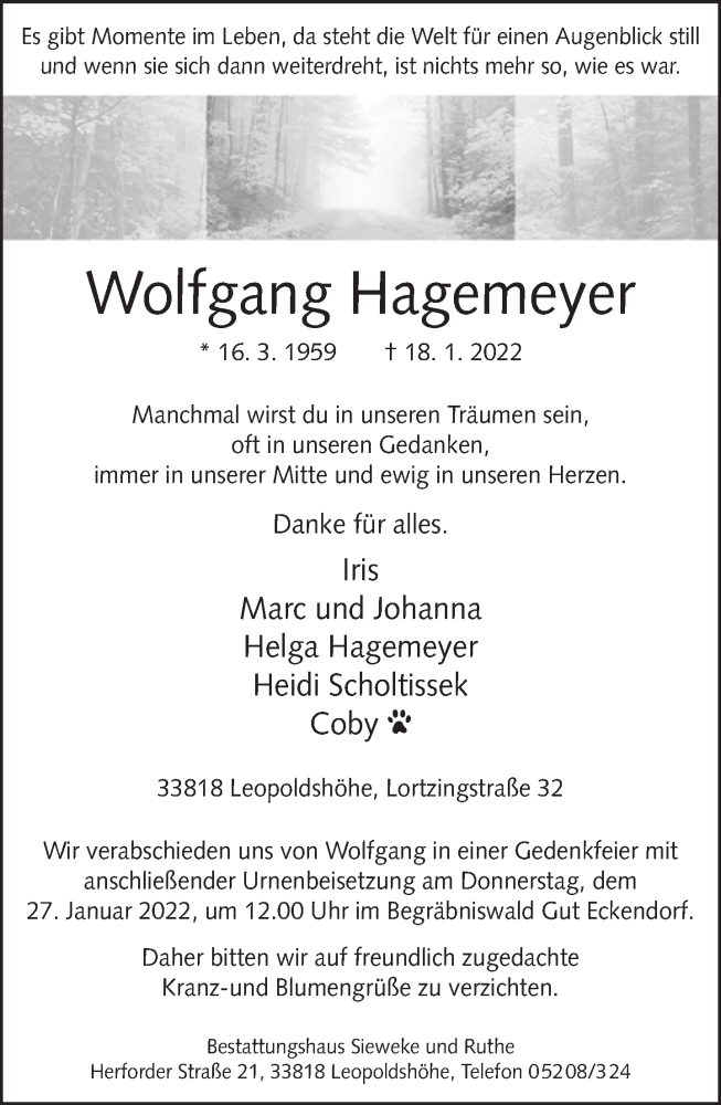  Traueranzeige für Wolfgang Hagemeyer vom 22.01.2022 aus Neue Westfälische