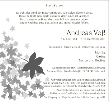 Traueranzeige von Andreas Voß von Neue Westfälische