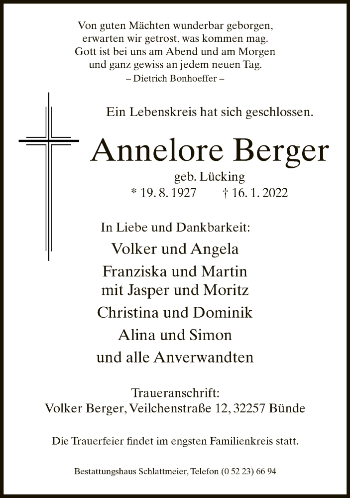  Traueranzeige für Annelore Berger vom 18.01.2022 aus Neue Westfälische