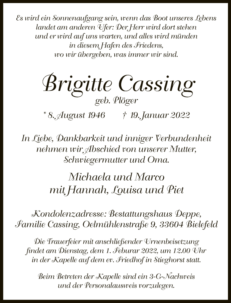  Traueranzeige für Brigitte Cassing vom 26.01.2022 aus Neue Westfälische