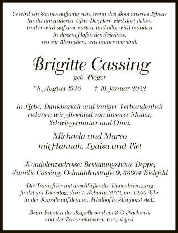 Traueranzeige von Brigitte Cassing von Neue Westfälische