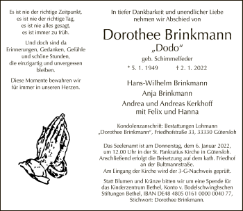 Traueranzeige von Dorothee Brinkmann von Neue Westfälische