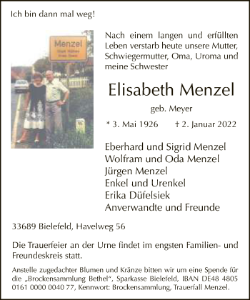 Traueranzeige von Elisabeth Menzel von Neue Westfälische