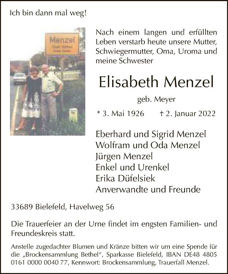  Traueranzeige für Elisabeth Menzel vom 07.01.2022 aus Neue Westfälische