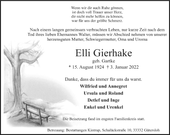 Traueranzeige von Elli Gierhake von Neue Westfälische