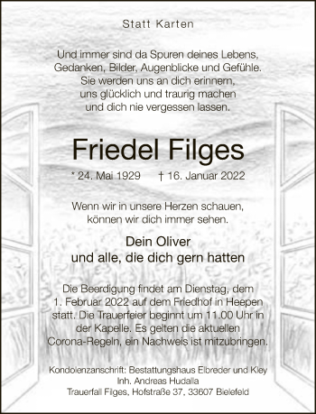 Traueranzeige von Friedel Filges von Neue Westfälische