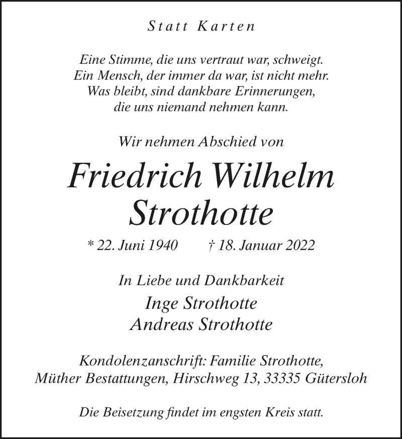  Traueranzeige für Friedrich Wilhelm Strothotte vom 26.01.2022 aus Neue Westfälische