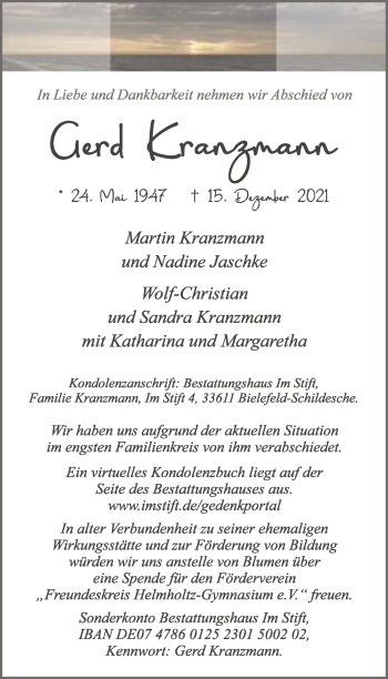 Traueranzeige von Gerd Kranzmann von Neue Westfälische