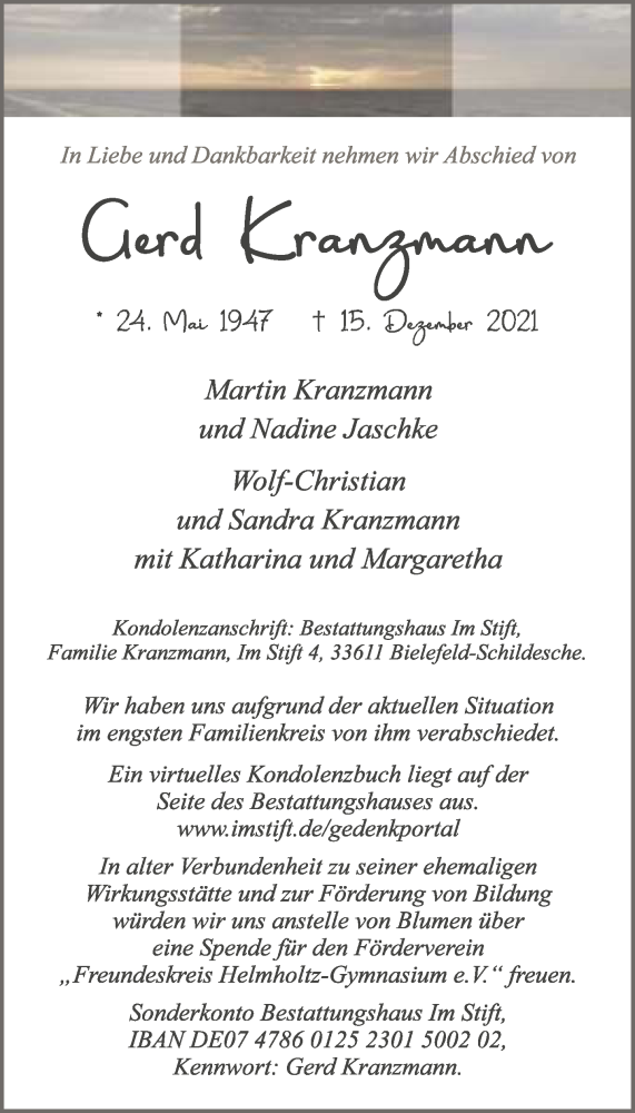  Traueranzeige für Gerd Kranzmann vom 22.01.2022 aus Neue Westfälische