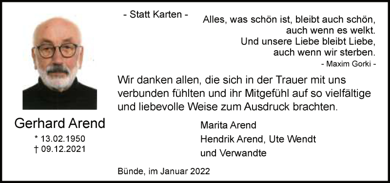  Traueranzeige für Gerhard Arend vom 15.01.2022 aus Neue Westfälische
