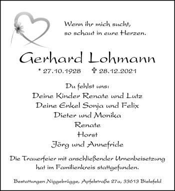 Traueranzeige von Gerhard Lohmann von Neue Westfälische