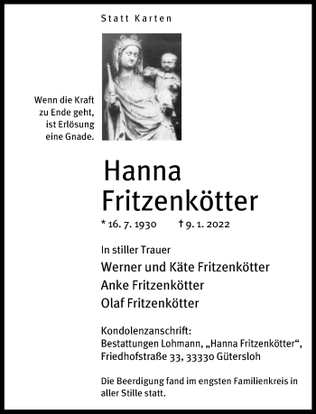 Traueranzeige von Hanna Fritzenkötter von Neue Westfälische