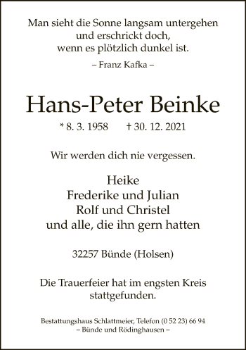 Traueranzeige von Hans-Peter Beinke von Neue Westfälische