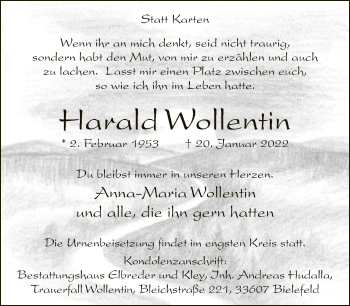 Traueranzeige von Harald Wollentin von Neue Westfälische