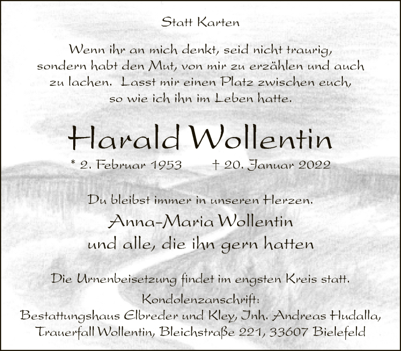  Traueranzeige für Harald Wollentin vom 29.01.2022 aus Neue Westfälische