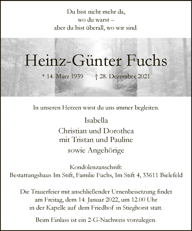  Traueranzeige für Heinz-Günter Fuchs vom 08.01.2022 aus Neue Westfälische