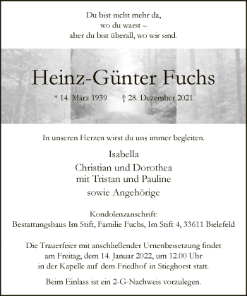 Traueranzeige von Heinz-Günter Fuchs von Neue Westfälische