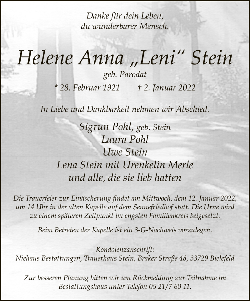  Traueranzeige für Helene Anna Stein vom 07.01.2022 aus Neue Westfälische