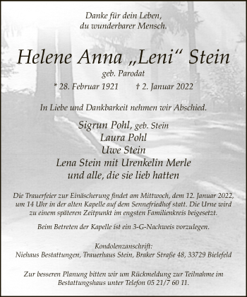 Traueranzeige von Helene Anna Stein von Neue Westfälische