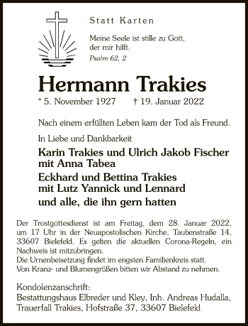 Traueranzeige von Hermann Trakies von Neue Westfälische