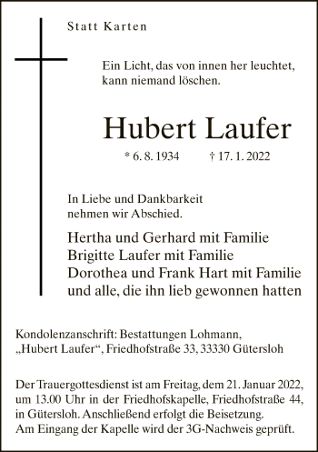 Traueranzeige von Hubert Laufer von Neue Westfälische