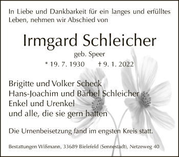Traueranzeige von Irmgard Schleicher von Neue Westfälische